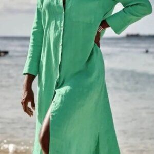 J. Jill 100% Linen Green Polo Collar 3/4 Sleeve Shirt Dress
